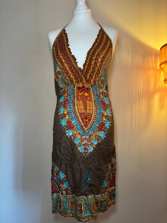 Brown embellished halter dress