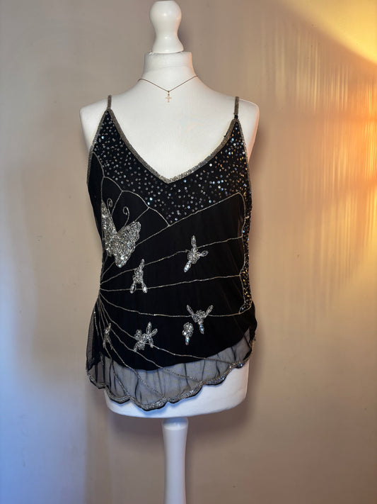 Black beaded butterfly cami top